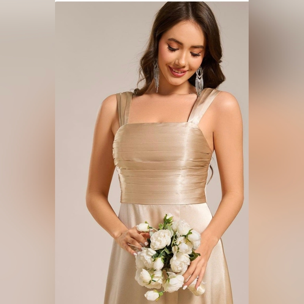 Champagne Satin Evening Dress W/Wide Straps Pleated Bodice, Side Slit - Picture 5 of 12